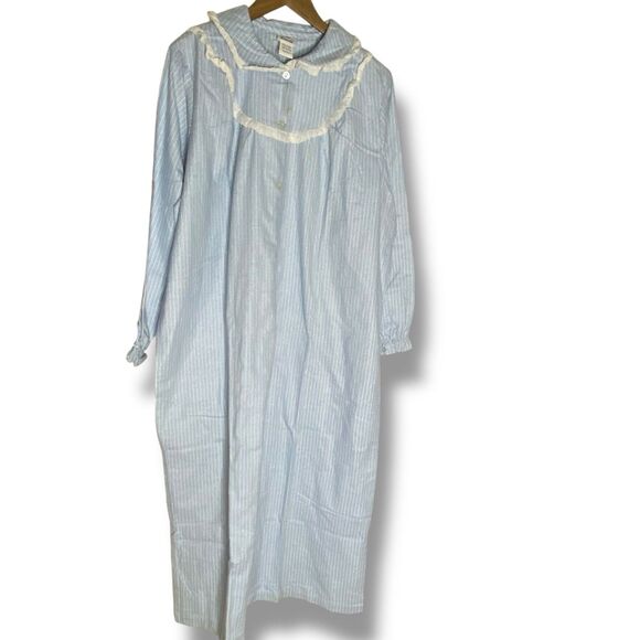 Carole VTG Nightgown USA Granny Cottage Thick Cotton Blue Stripe Flannel NOS 1X - Picture 1 of 10